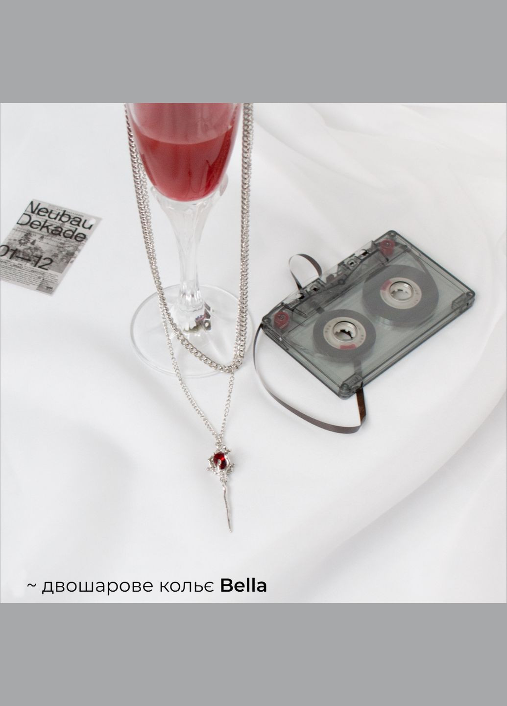 Многослойная цепочка с подвеской розы серебристое колье фэнтези кулон эстетика Сумерки длинный с красным кристалликом камнем No Brand (329892285)