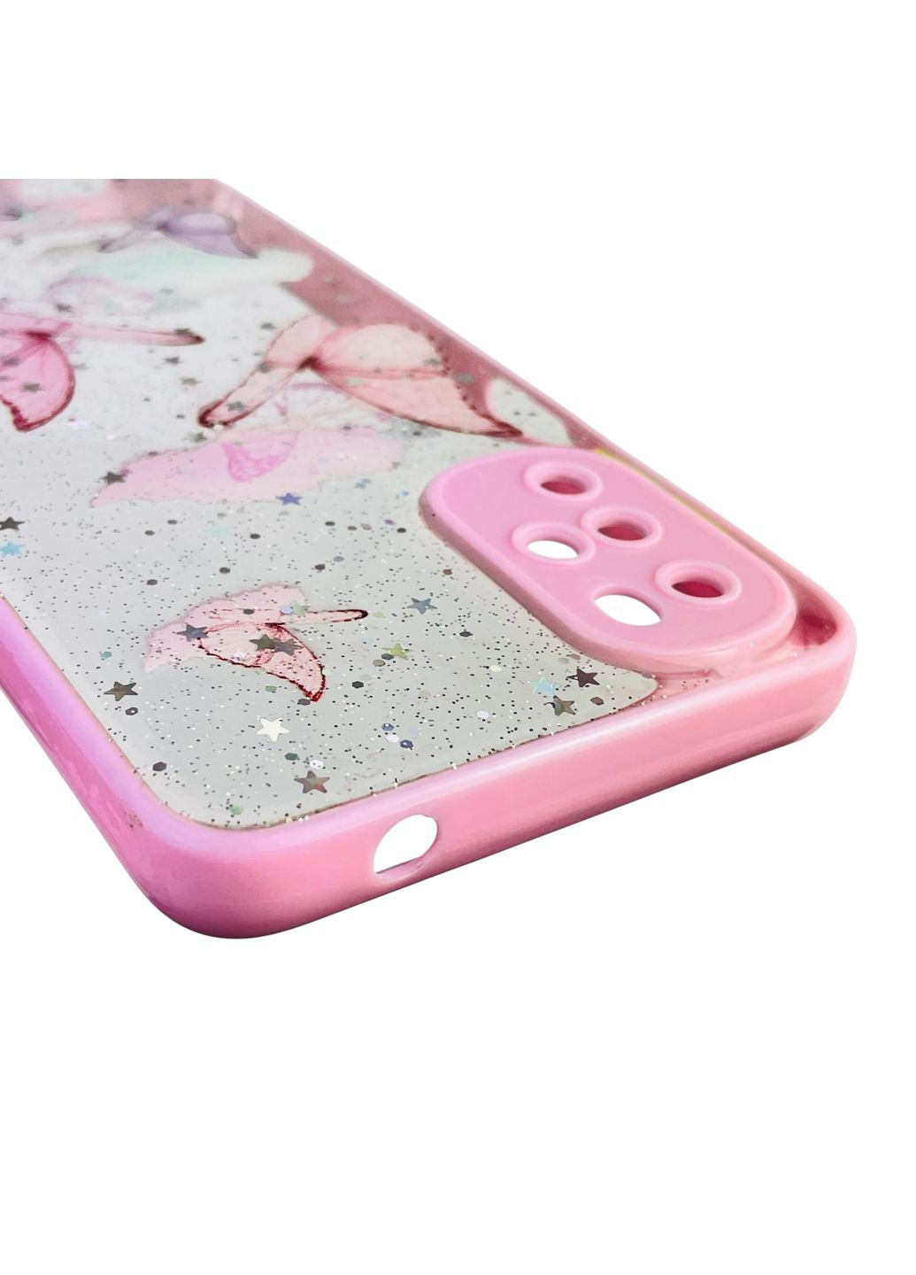 Чохол для Moto G22 (PATW0031) з блискітками з метеликами на моторола г22 рожевий Motorola (366389489)