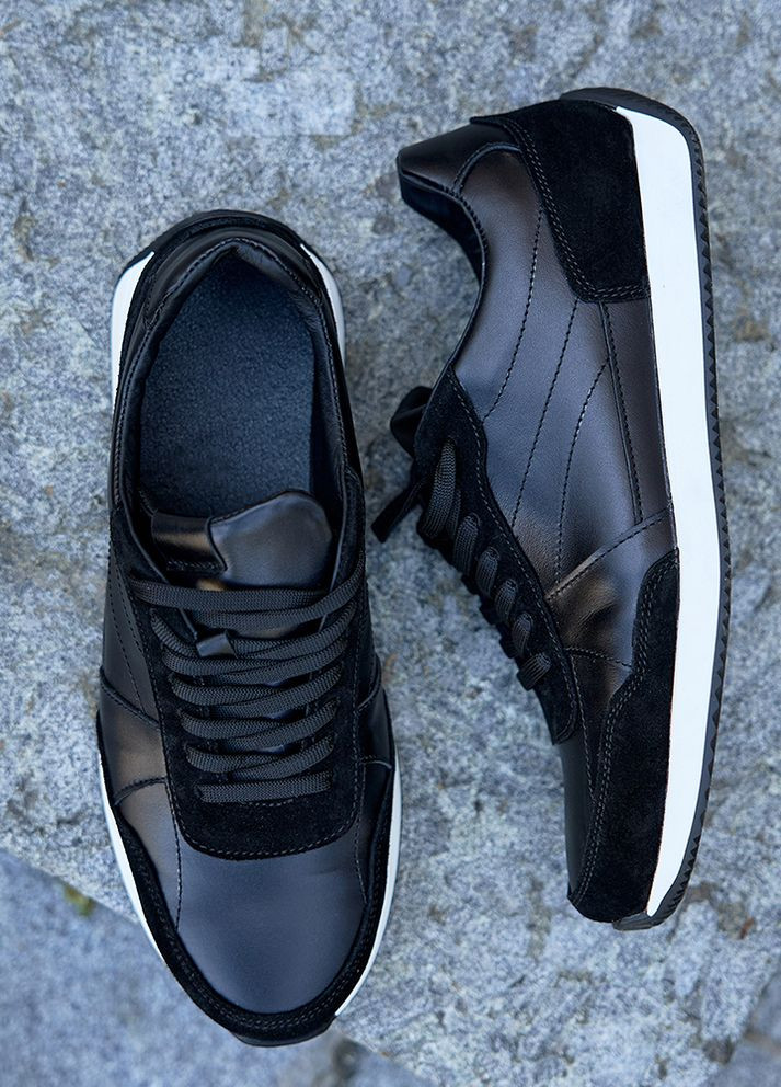 Черные демисезонные мужские кроссовки из натуральной кожи черного цвета 35474 No Brand