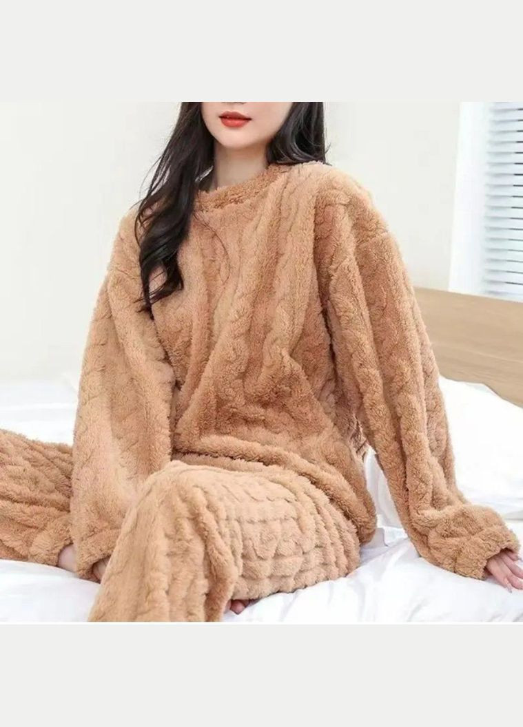 Бежевая зимняя женский теплый махровый комплект пижама брюки и кофта жаккард черный кофта + брюки No Brand Жаккард