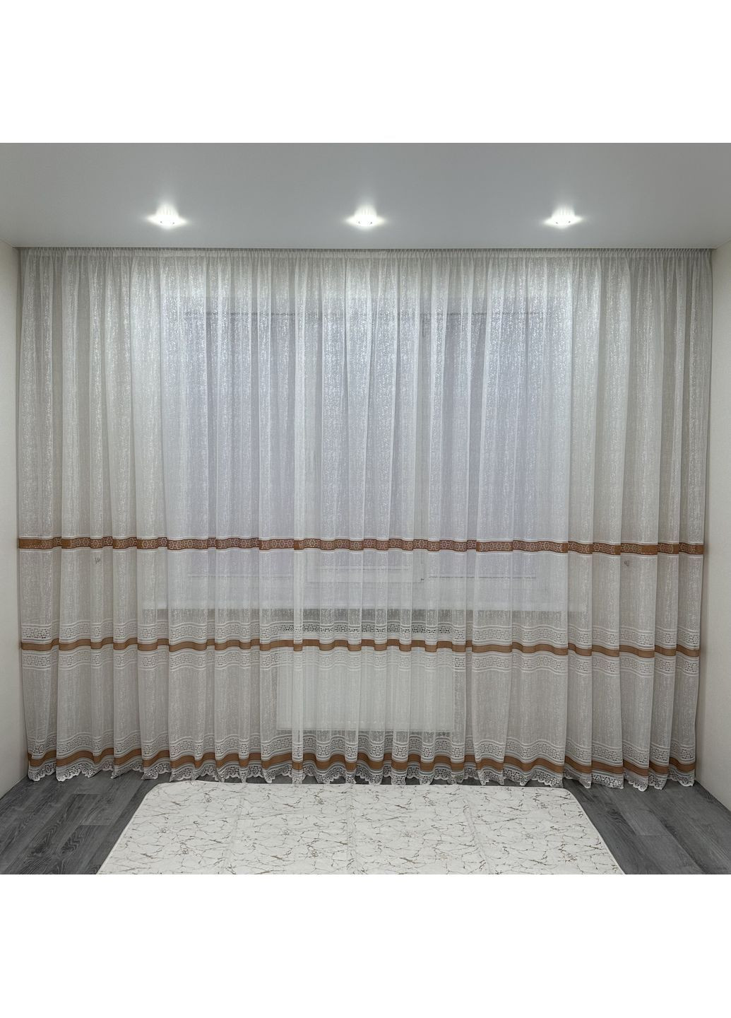 Тюль жаккард "Модерн" білий з коричневим візерунком, 300х270 см - готовий на тасьмі. No Brand (363834547)