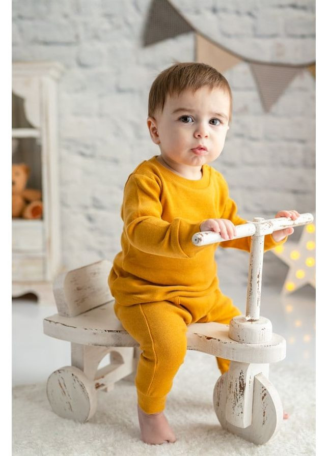 Горчичный комплект для младенца кофточка и брюки из органического хлопка, цвет горчичный, возраст 0-3 месяца, рост 62 см MININIO