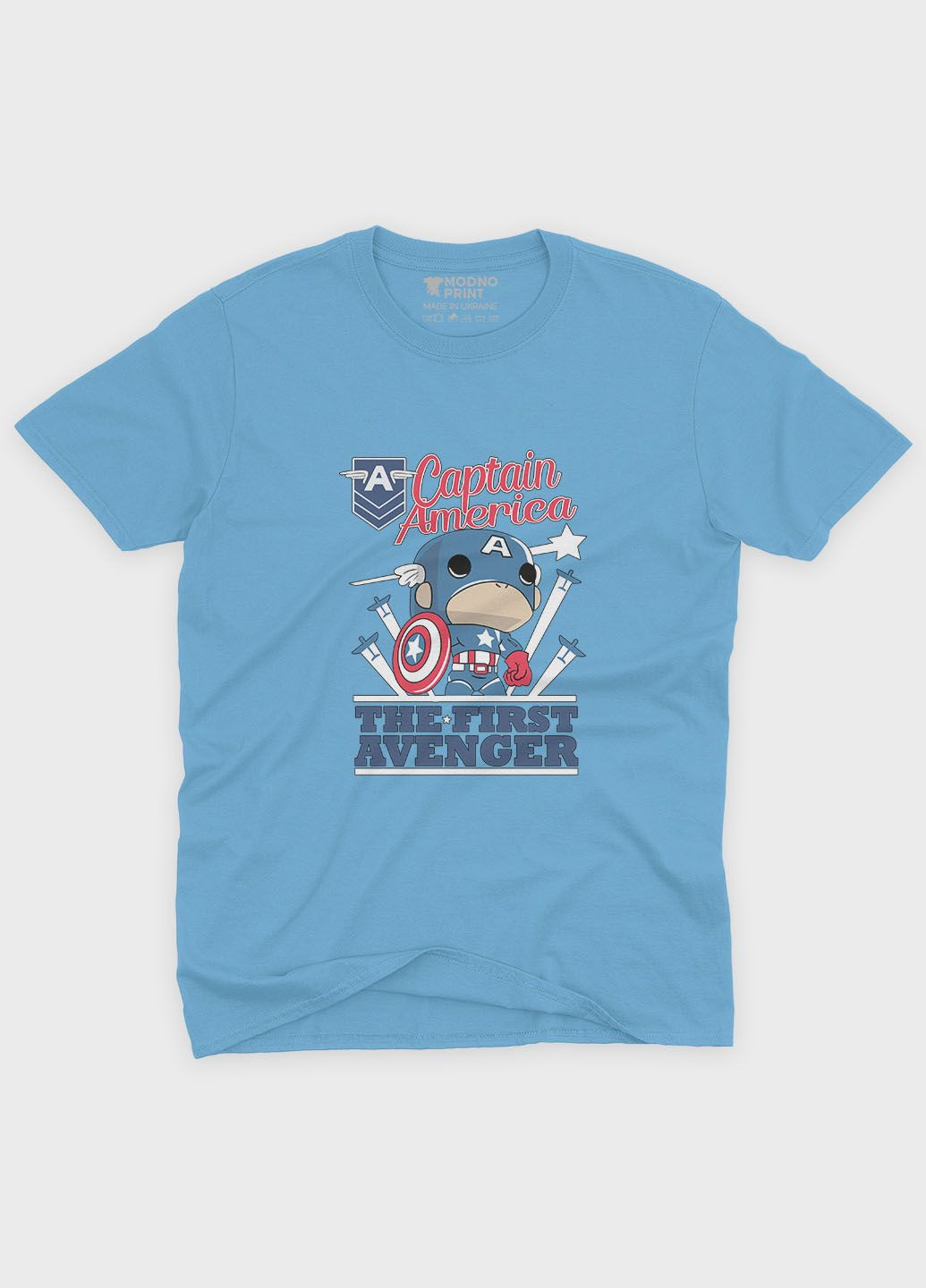 Блакитна демісезонна футболка для дівчинки з принтом супергероя - капітан америка (ts001-1-lbl-006-022-004-g) Modno