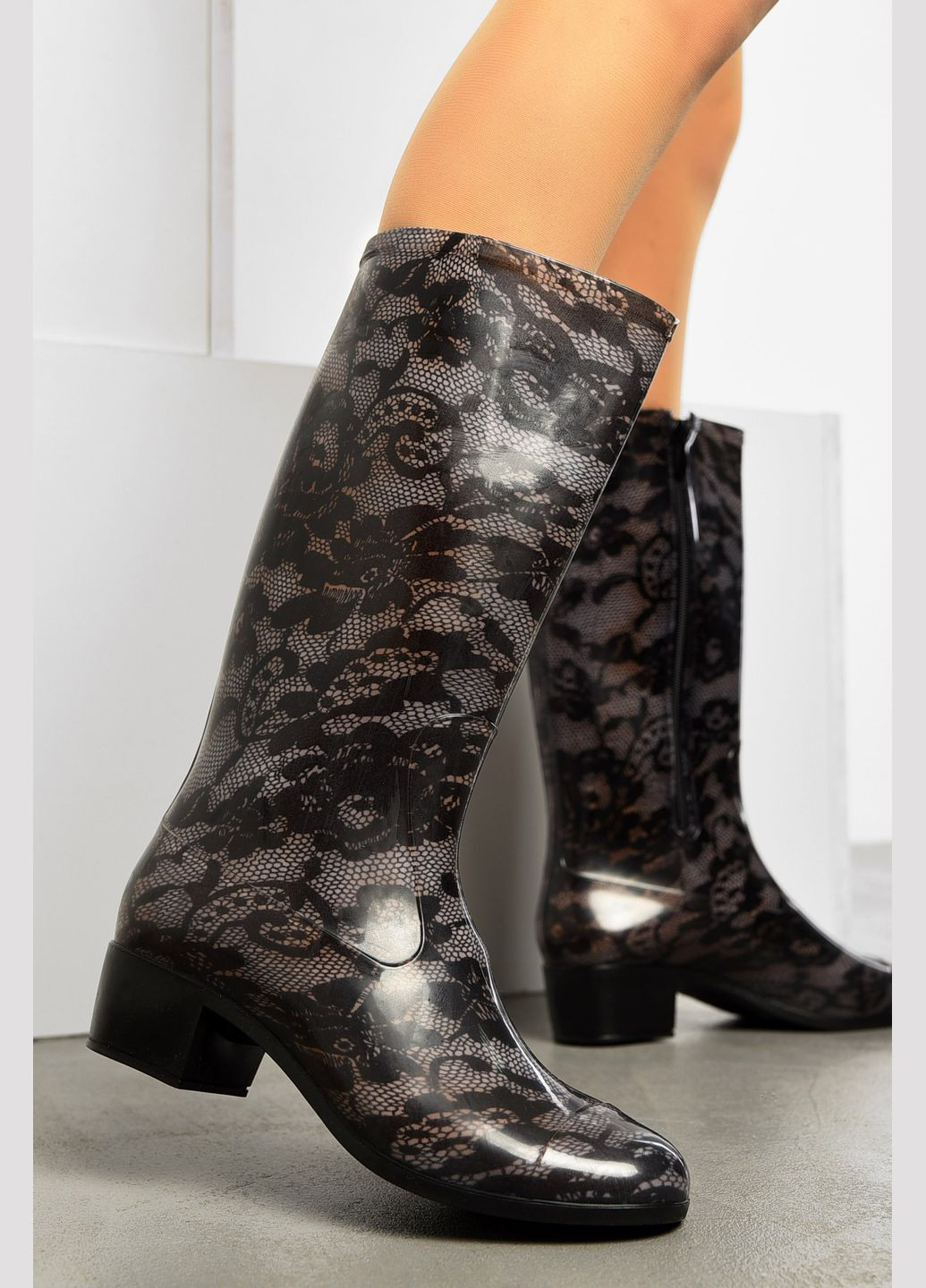 Черные сапоги резиновые высокие женские черные с серым Let's Shop