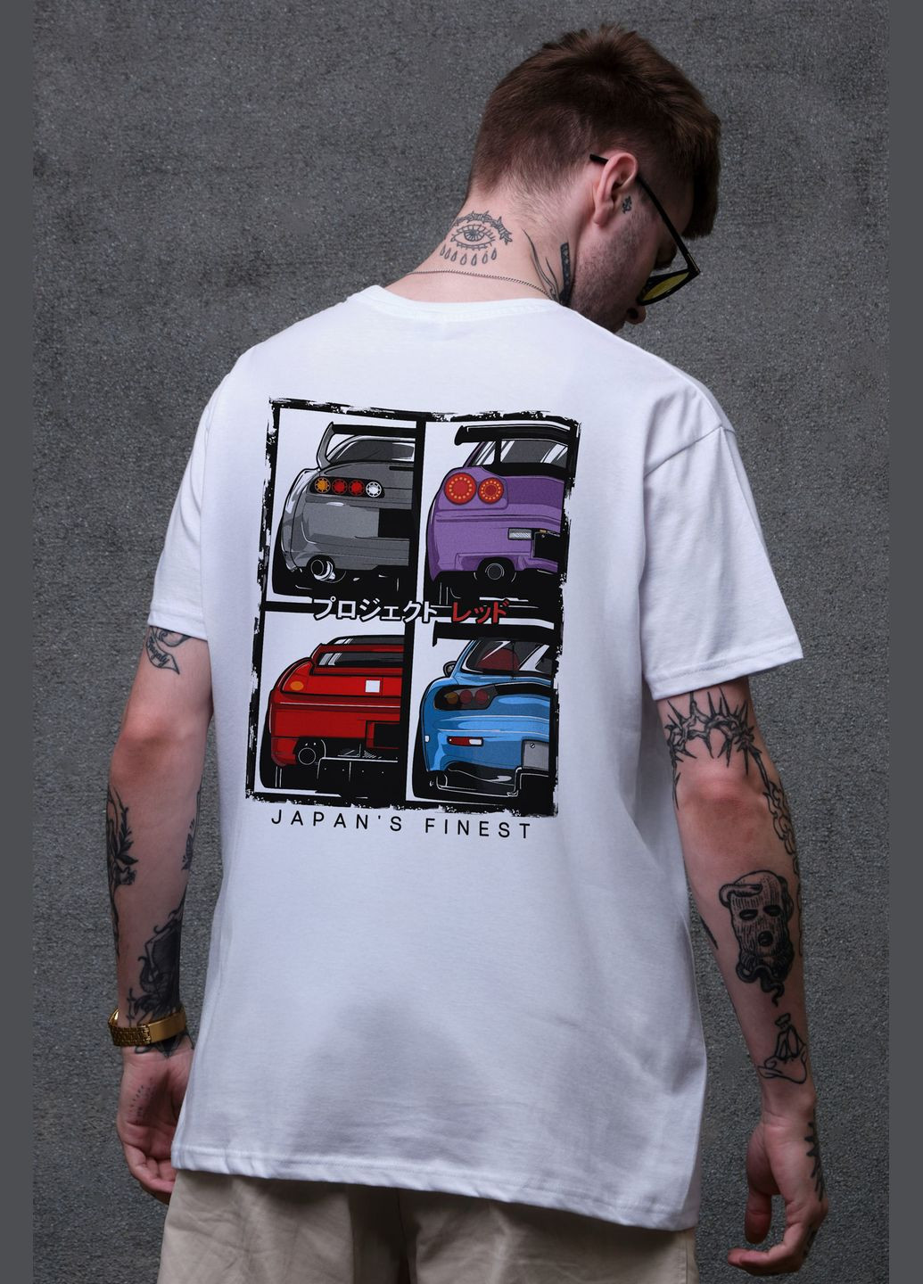 Біла чоловіча оверсайз футболка з принтом cars з довгим рукавом Without