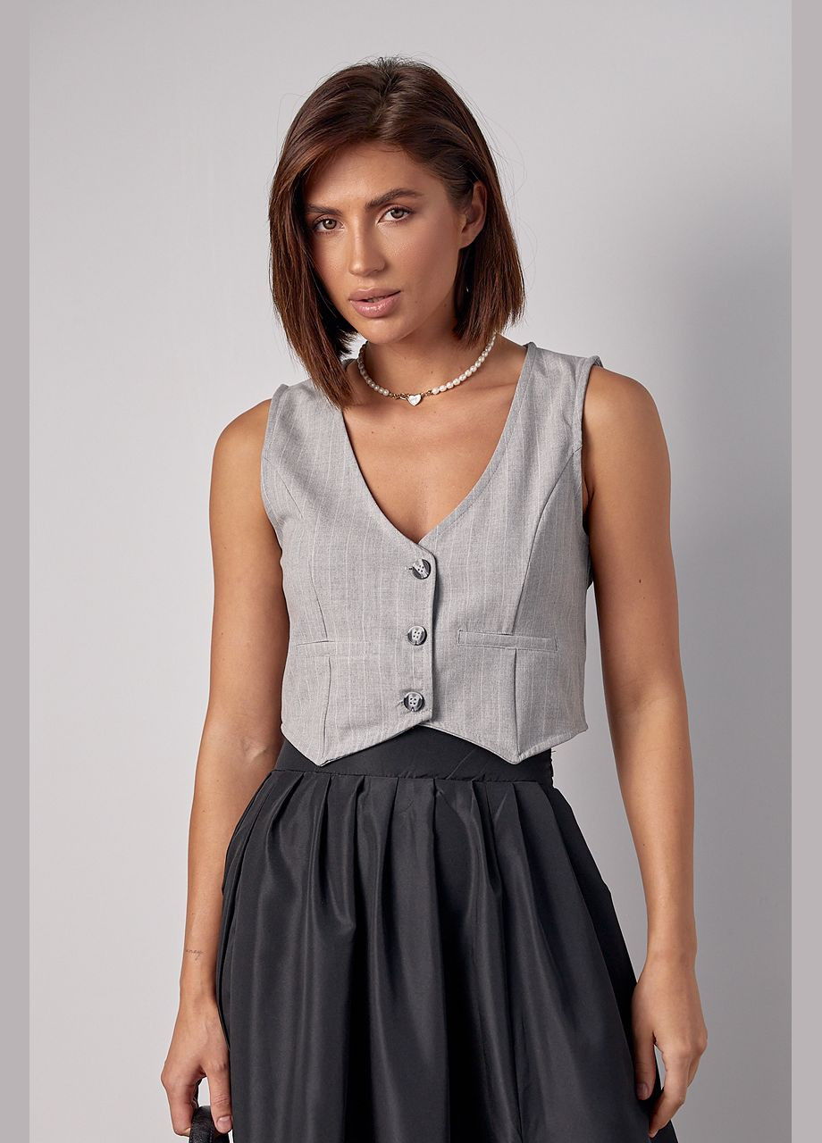 Светло-серый женский короткий женский жилет в полоску на пуговицах - кофейный цвет, m (sku_87831) No Brand полосатый - всесезон