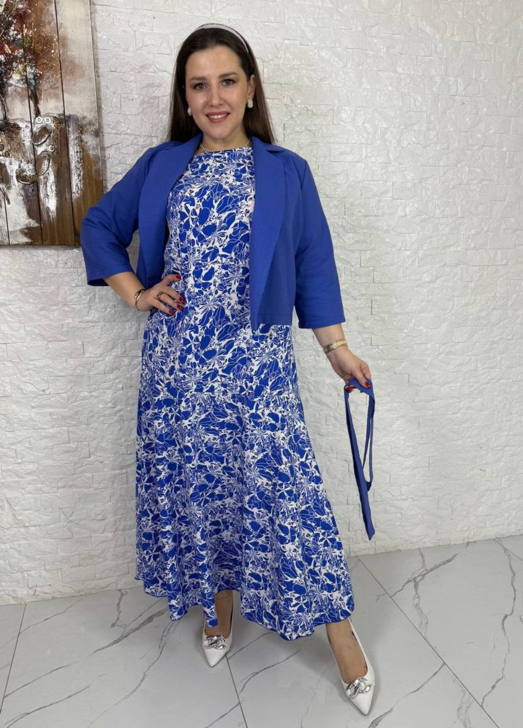 Женский комплект с платьем из софта и льняным жакетом с поясом Україна (325701895)