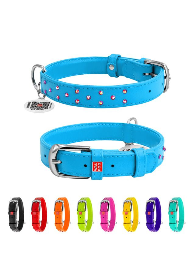 Ошейник для собак кожаный Glamour с QR паспортом, с клеевыми стразами, Ш 20 мм, Длин 30-39 см голубой WAUDOG (322002666)