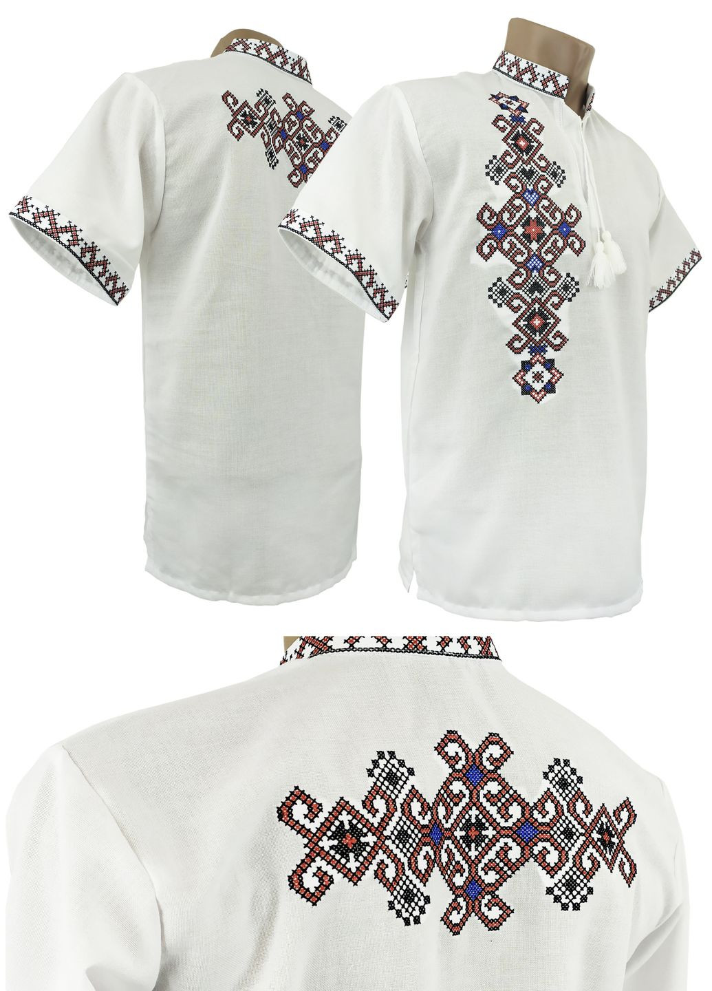 Біла чоловіча вишиванка фламінго короткий рукав НоКо вільна, пряма бавовна (305234644)