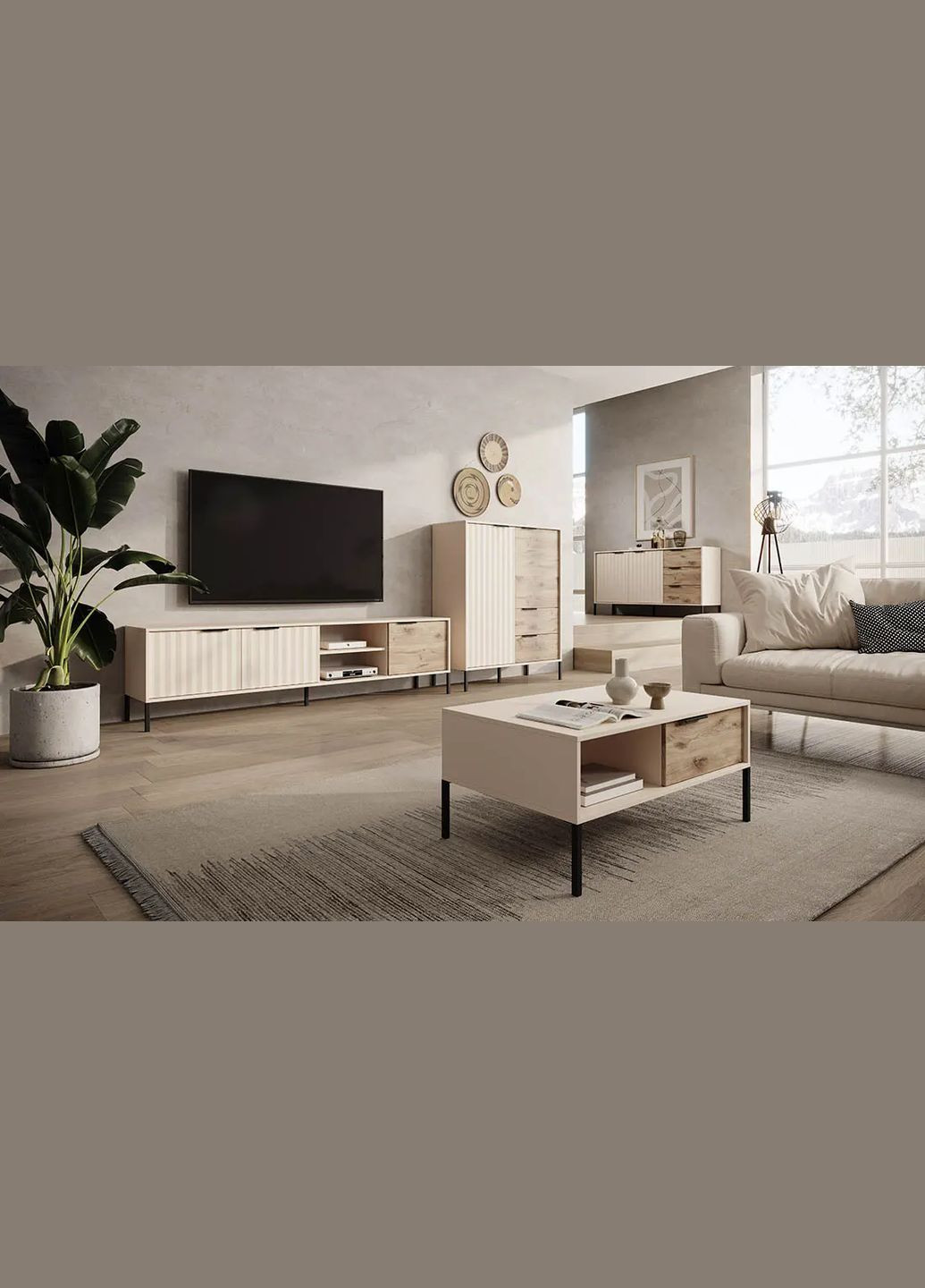 Комод широкий Хюге (Rave) беж/дуб викинг LAGOM (356683807)