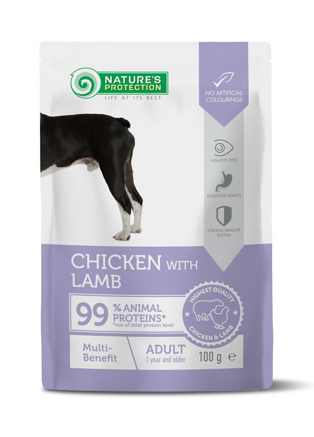 Вологий корм для дорослих собак з куркою та ягнятиною Multi-benefit, Chicken with Lamb 100 г Nature's Protection (361259504)