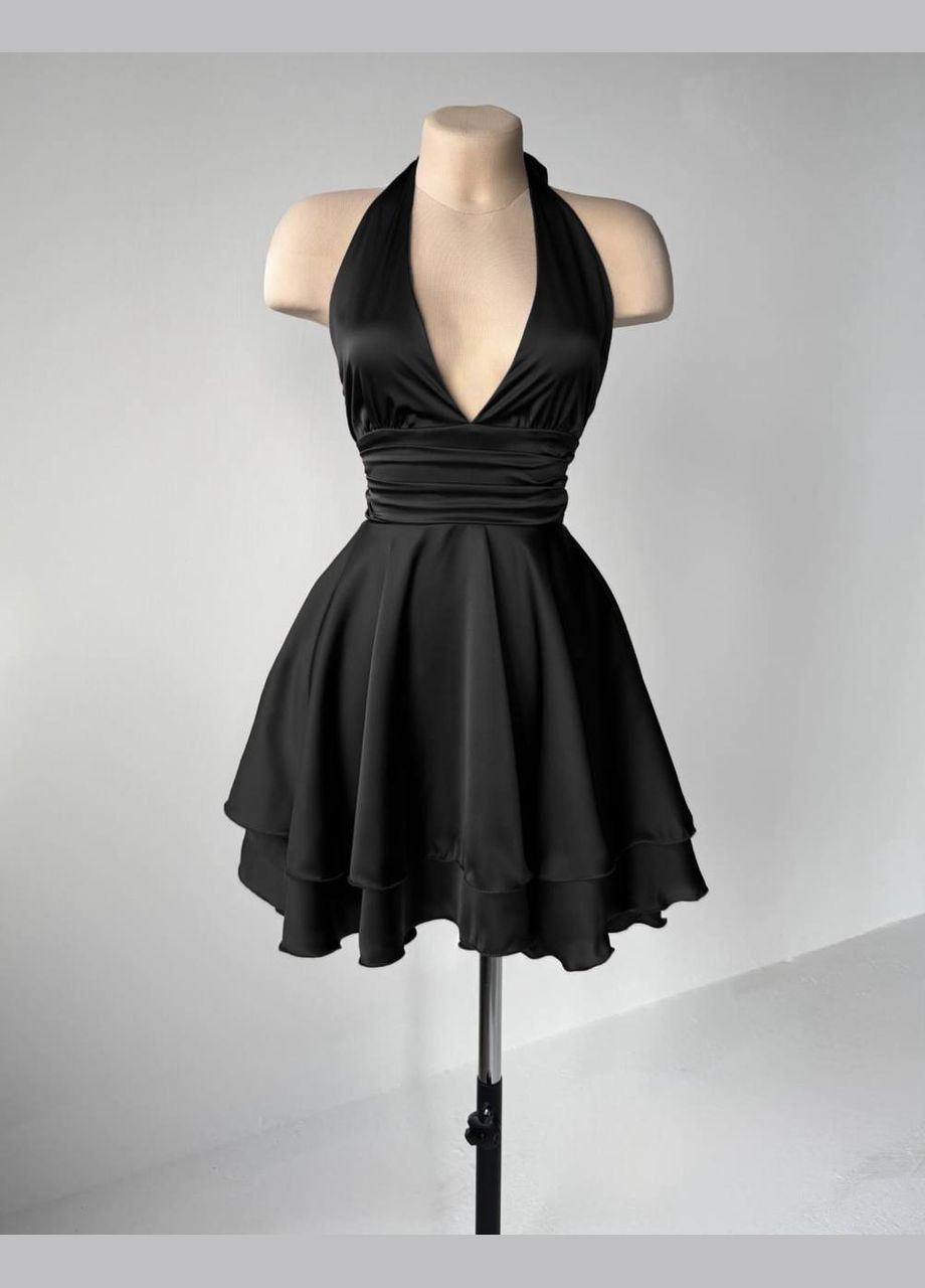 Чорна кежуал шовкова міні сукня з пишною спідницею Adelante однотонна