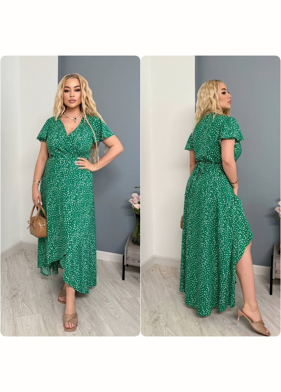 Светло-зеленое повседневный женское летнее платье на запах длины меди. на запах MonCher с цветочным принтом