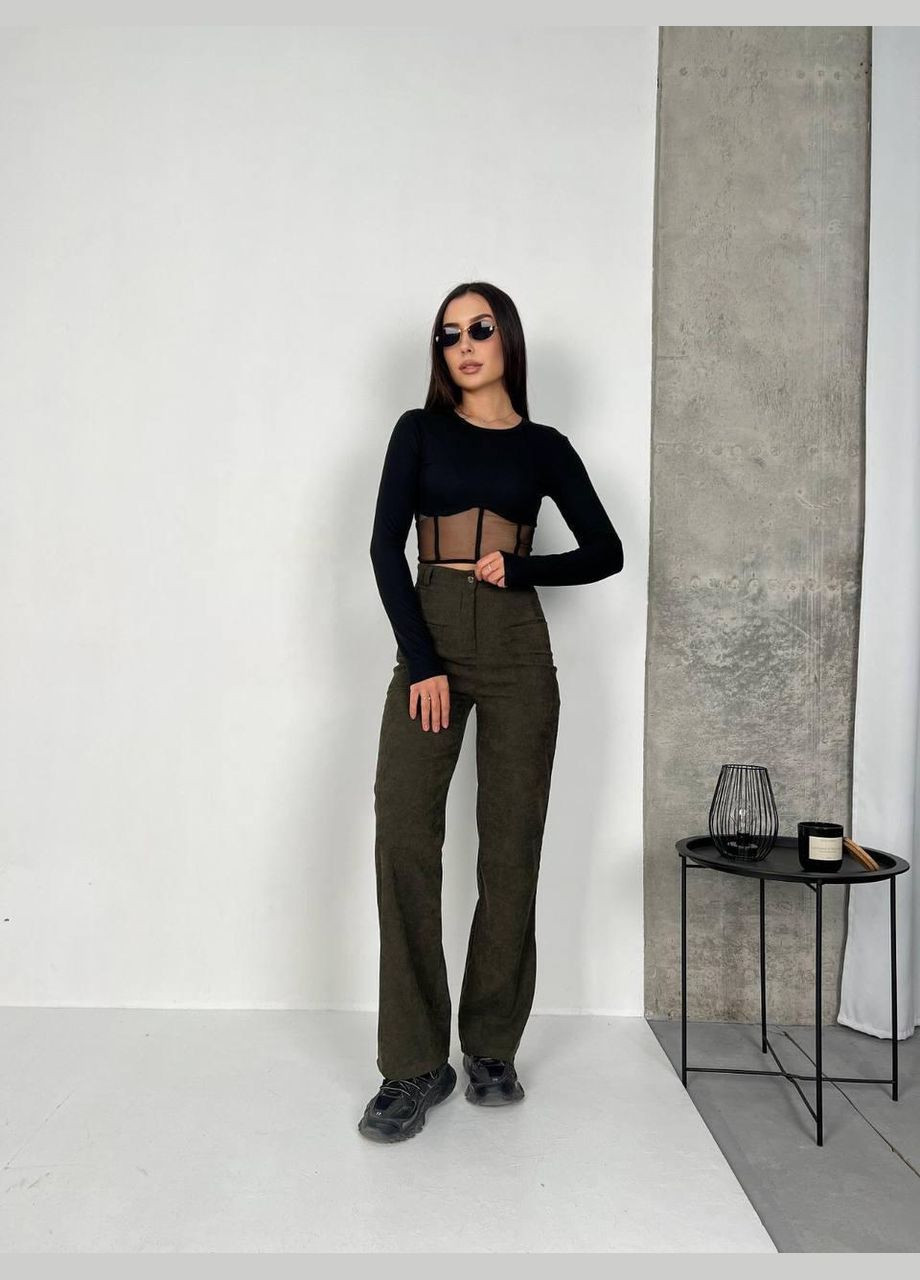 Лонгслів жіночій - кофточка у рубчик з імітацією корсета із сітки JUGO (301580420)