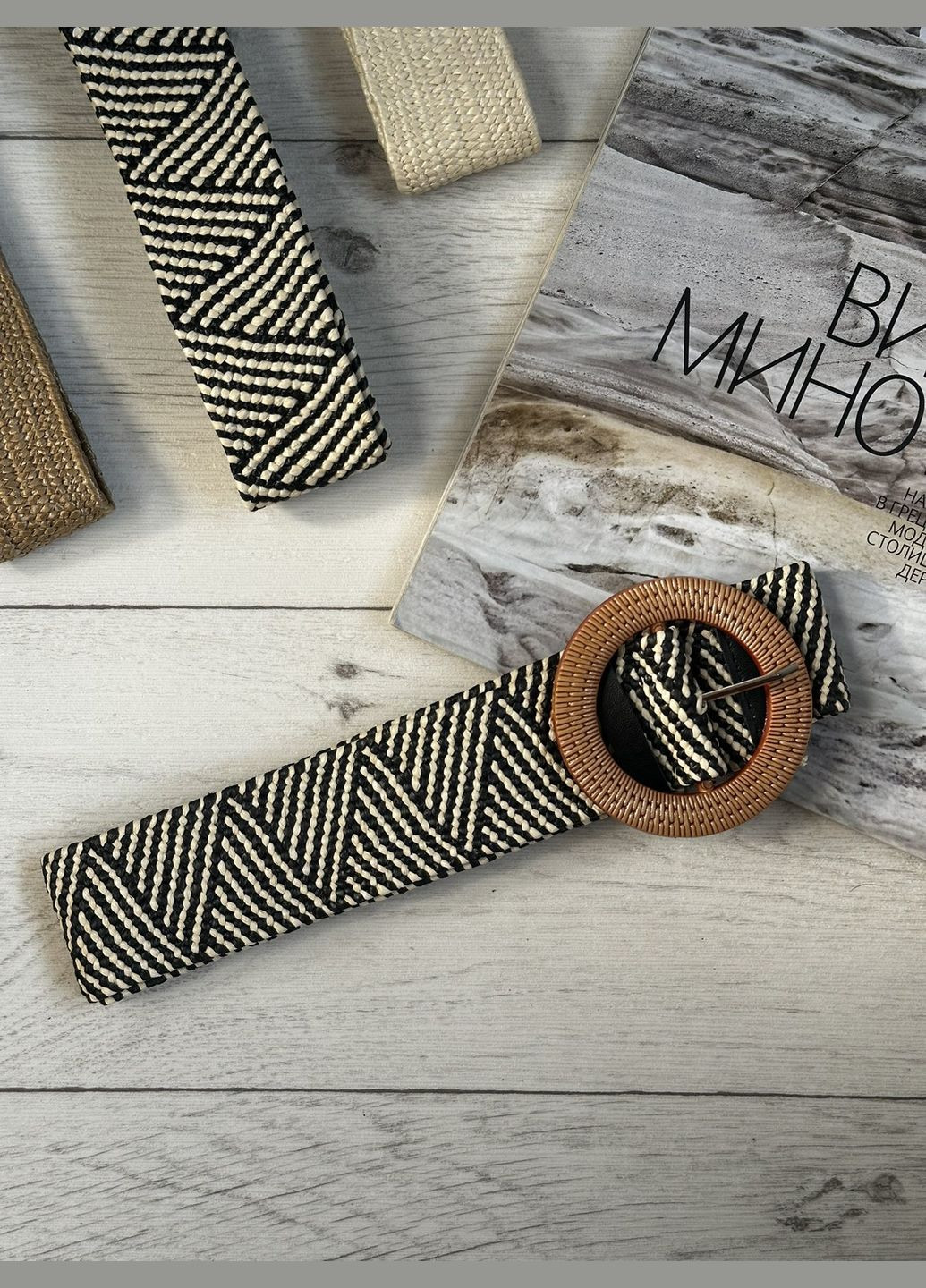 Женский плетеный ремень соломенный 95см Черно-белый круг (9746) No Brand (335806989)