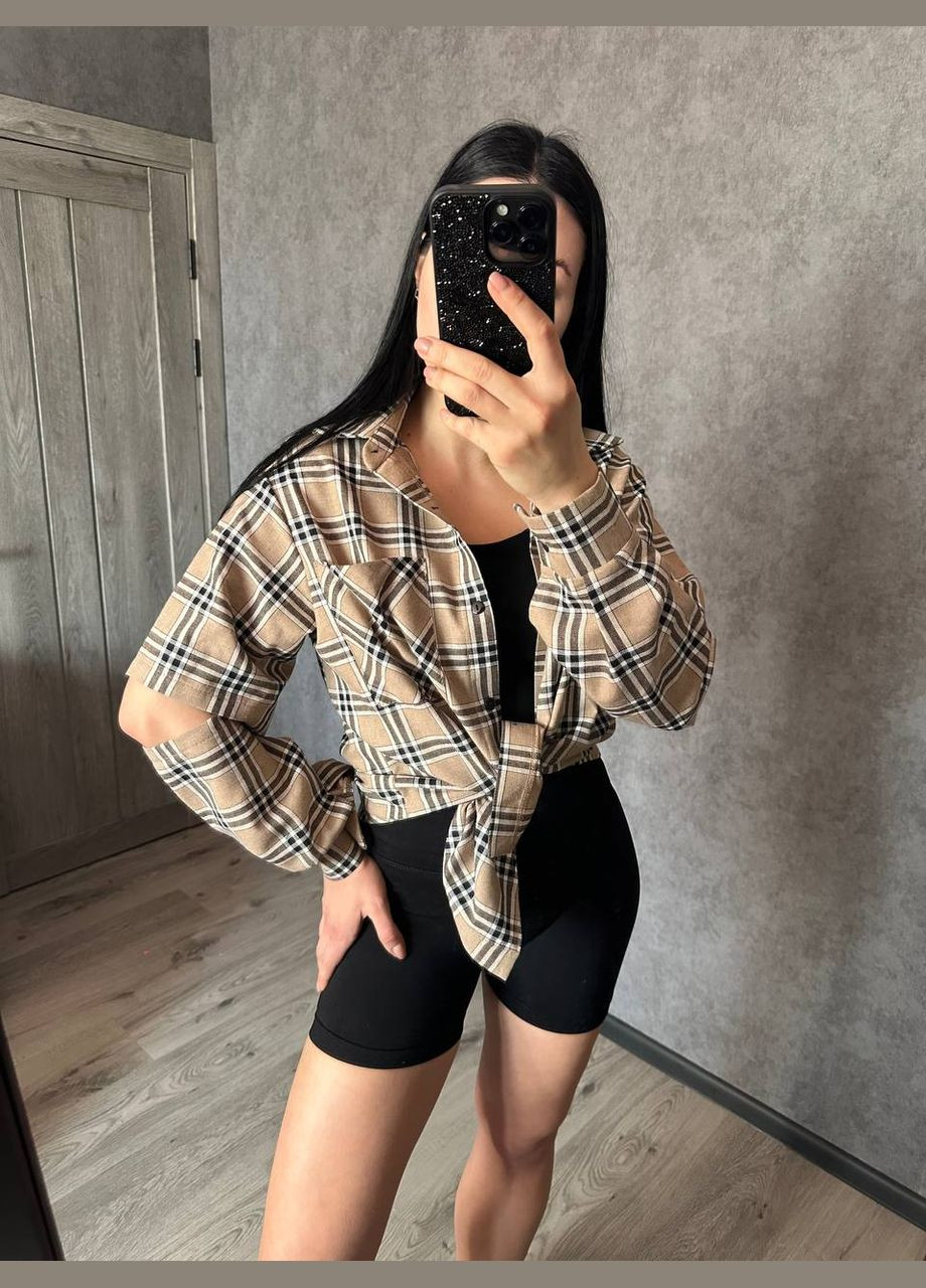 Бежевая классическая, повседневный, кэжуал, вечерний рубашка в клетку No Brand с длинным рукавом