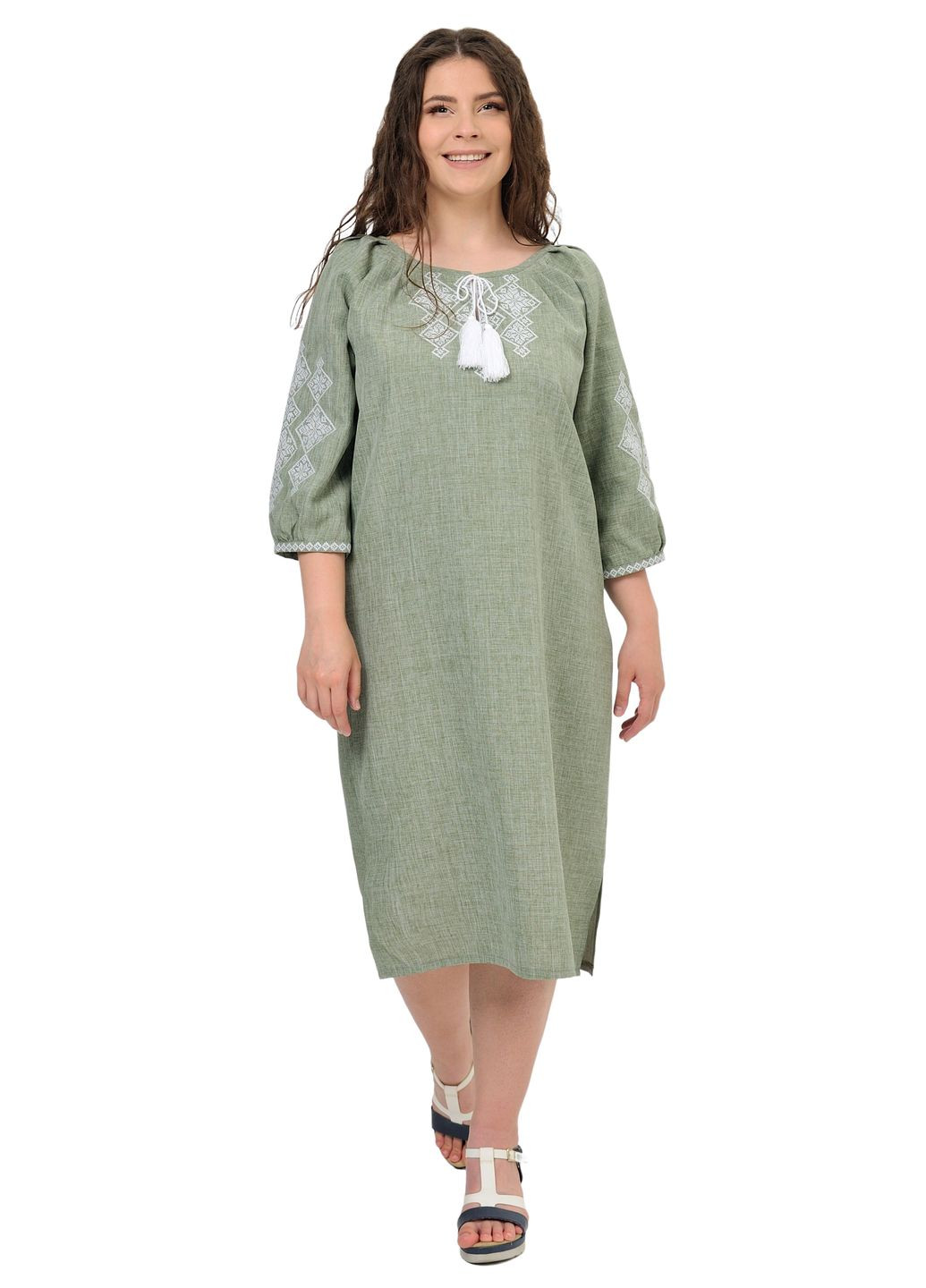 Оливковая платье-вышиванка слобожанка (фисташковый) Golfstream свободная лен, полиэстер (298833767)