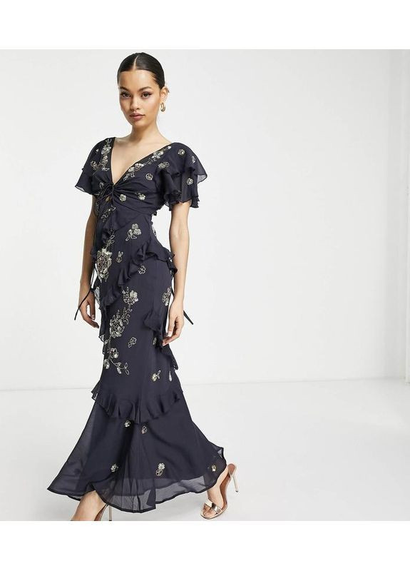 Синя преміальна темно-синя сукня максі з воланами та вишивкою edition Asos з квітковим принтом