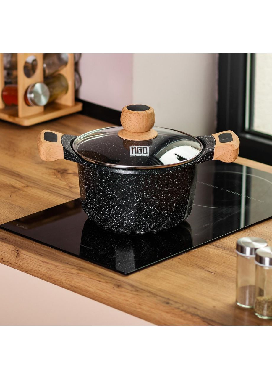 Алюминиевая кастрюля объемом 3 литра с крышкой Ø 20 см Мрамор с антипригарным покрытием черный HP-4-432B MGC (368767226)