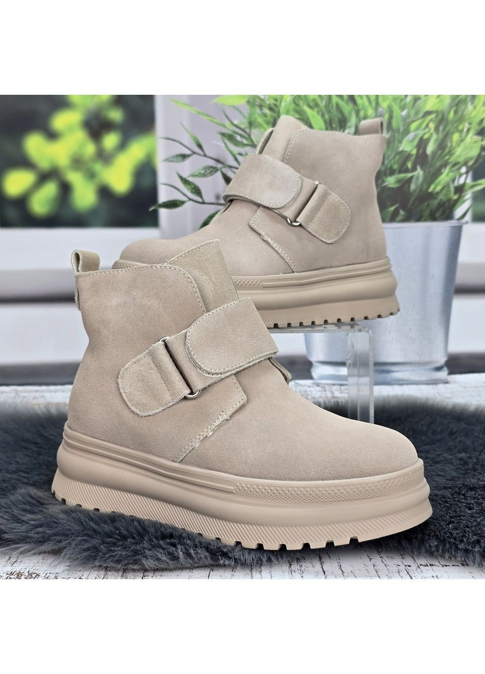 Черевики жіночі зимові бежеві замшеві зі штучним хутром Nice (371772335)