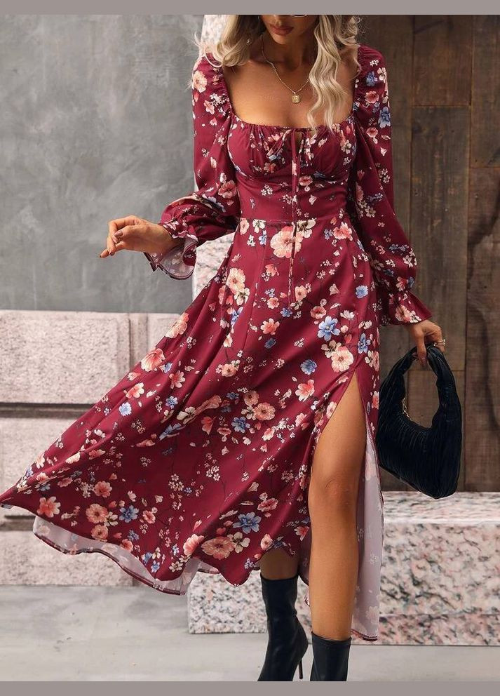 Бордова повсякденний, кежуал сукня No Brand з квітковим принтом