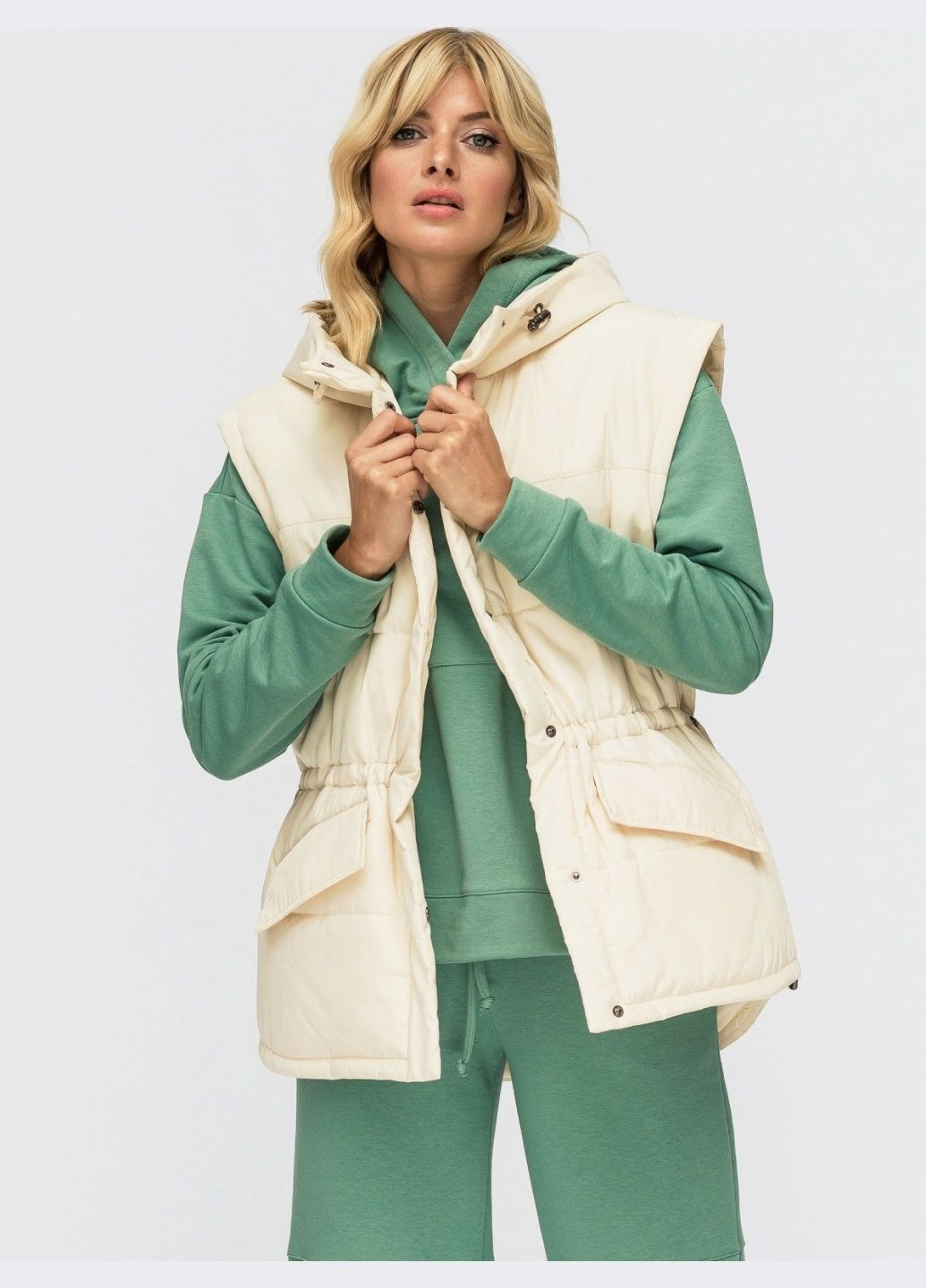 демісезонний жилет з капюшоном і кулиской по талії бежевий Dressa (308202138)