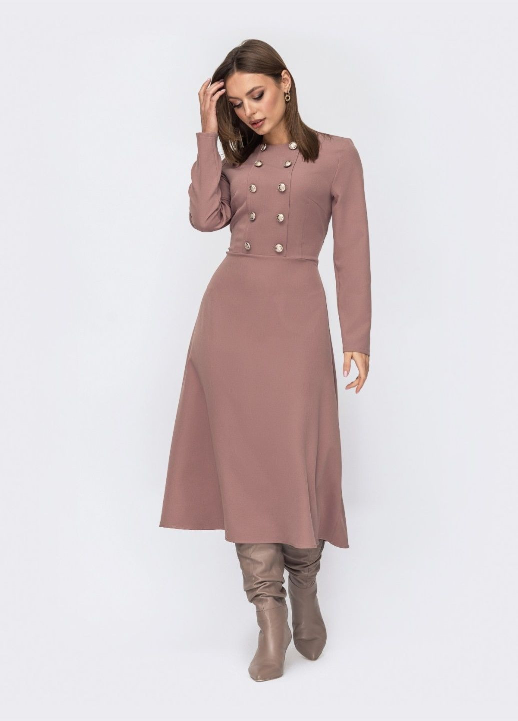 Бежева ділова бежева сукня з костюмної тканини з розкльошеною спідницею кльош Dressa однотонна