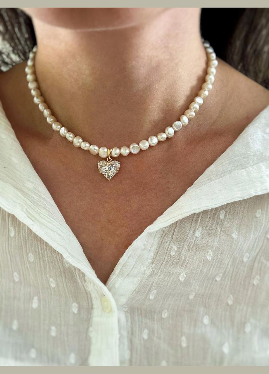 Чокер-колье из натурального жемчуга и подвеска сердечко с цирконами L=36 см No Brand циркон, жемчуг (369505285)