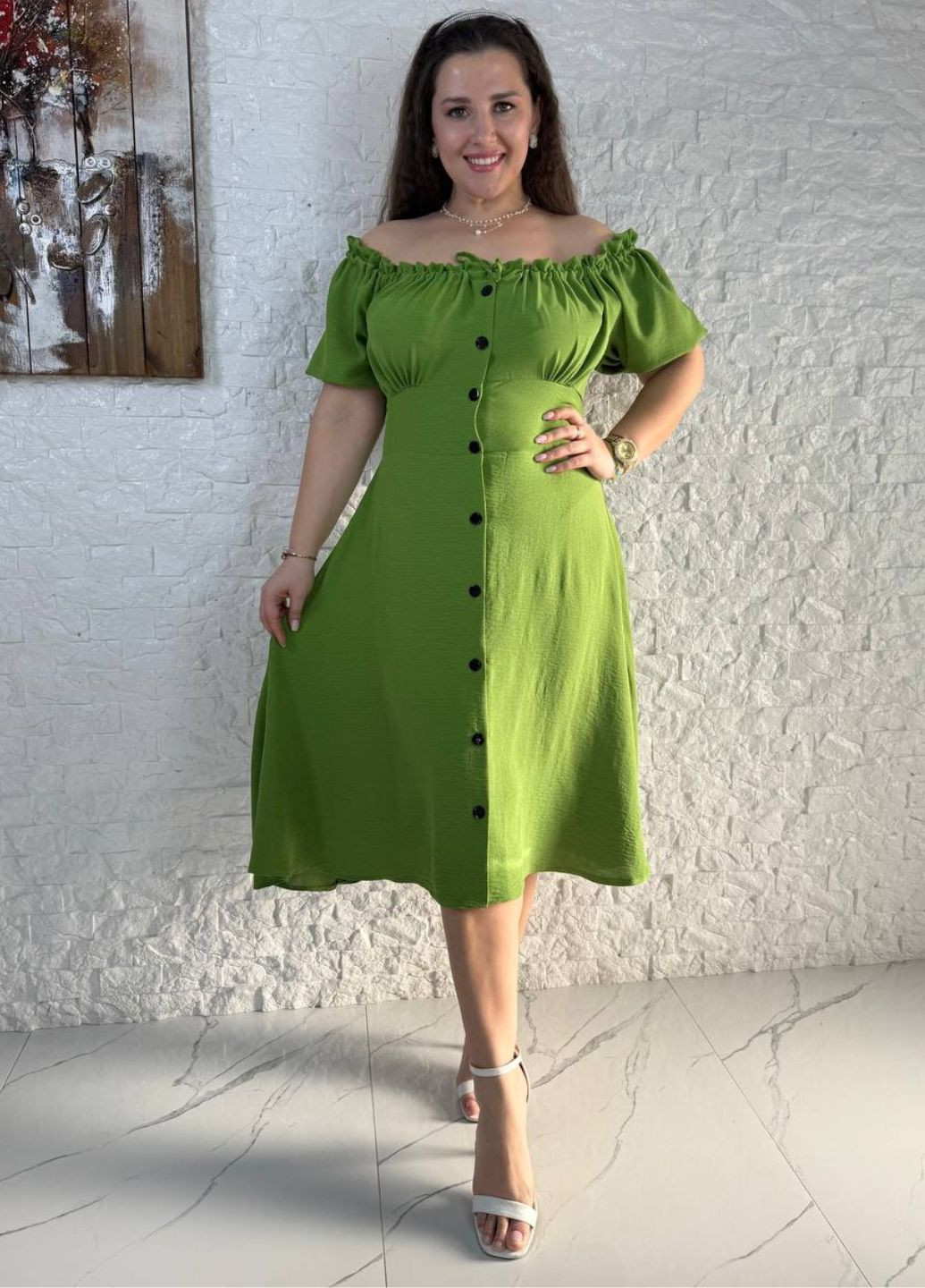 Зеленое повседневный изысканное легкое летнее повседневное меди платье на пуговицах с короткими рукавами фонарик Tik-Tak однотонное