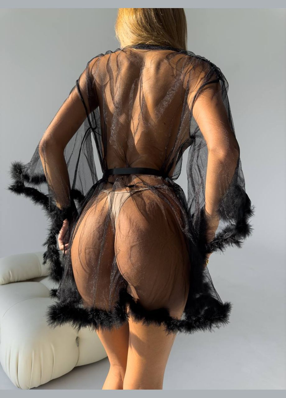 Жіночий чорний прозорий еротичний халат халатик із опушкою No Brand (317299108)