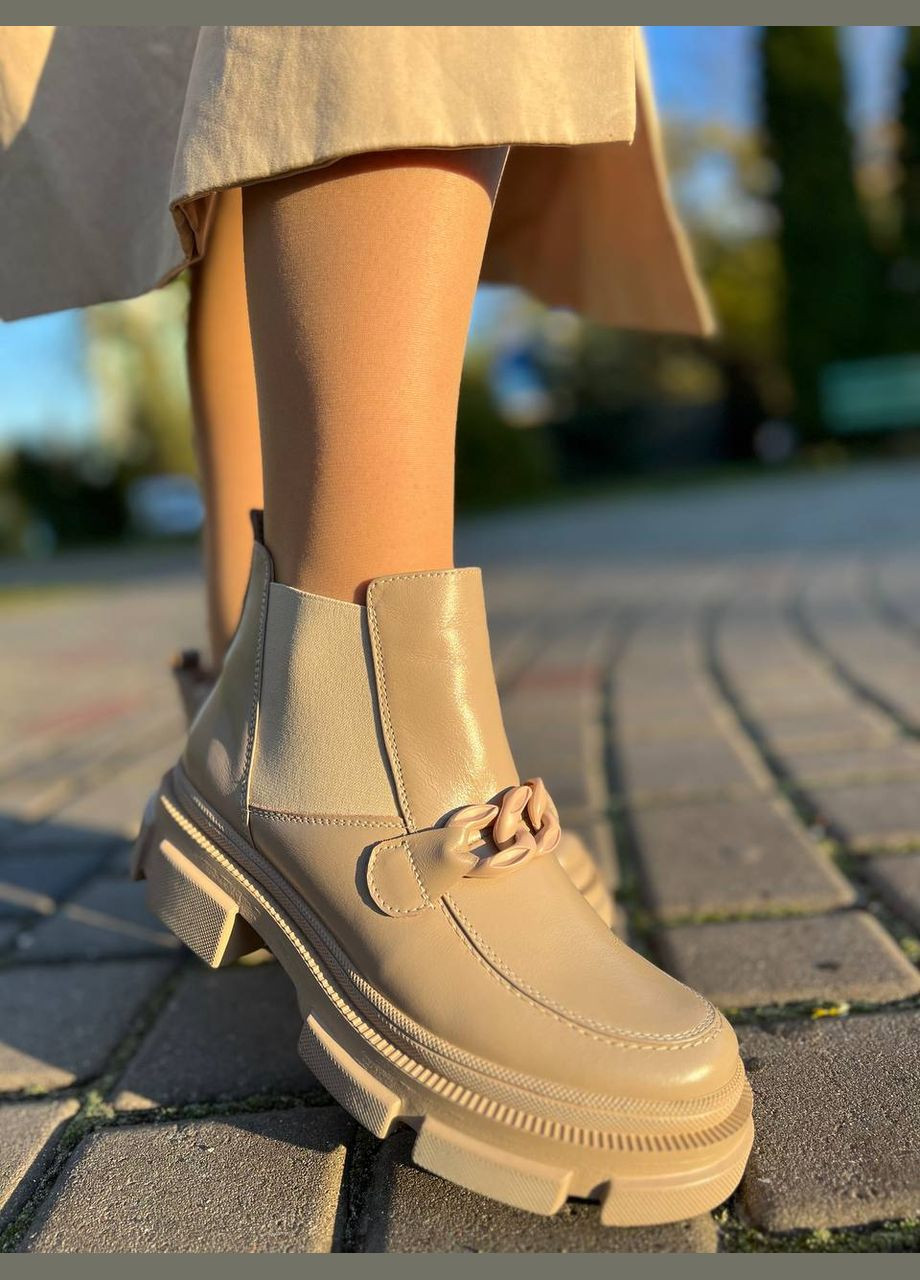 Зимние женские ботинки челси из натуральной кожи бежевые (1412) No Brand