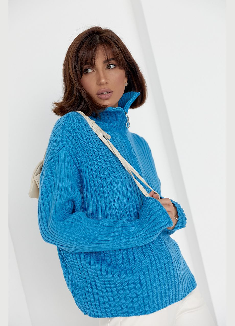 Синій демісезонний светр жіночий з блискавкою на комірі 01013 Lurex