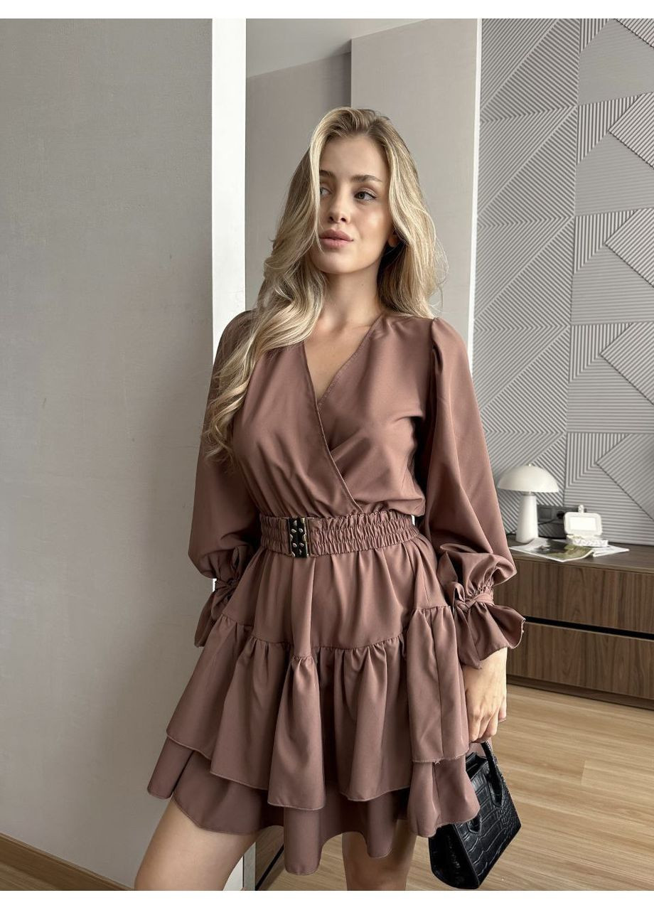 Коричневое праздничный, вечернее, кэжуал женское платье с воланами а-силуэт Style Point однотонное