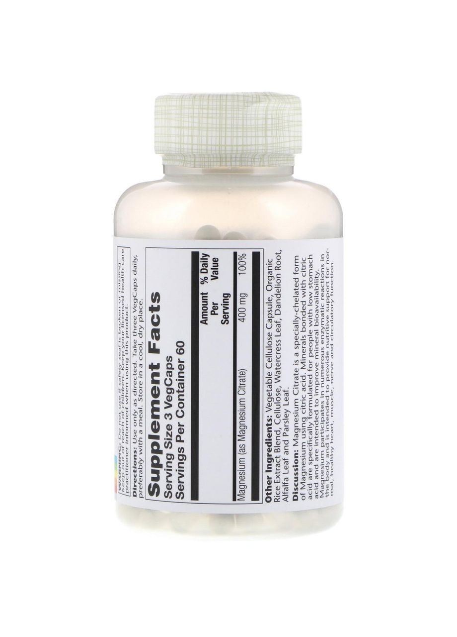 Магний цитрат, Magnesium Citrate,, 133 мг, 180 вегетарианских капсул Solaray (364311576)