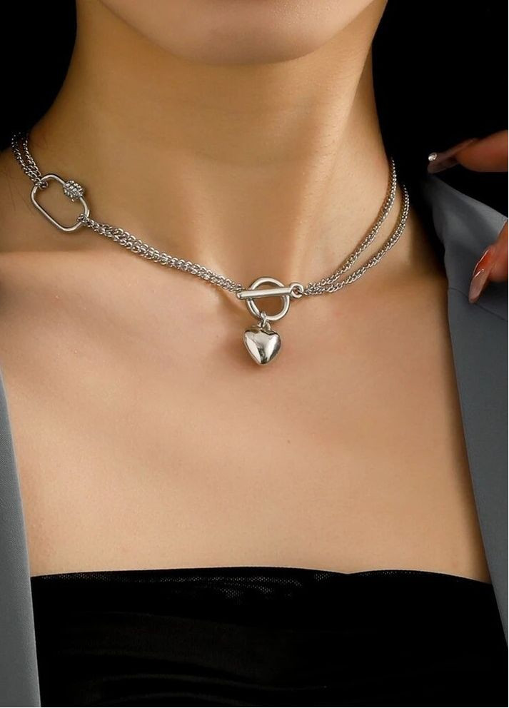 Стильное серебристое украшение на шею колье цепь сердце, 5342 Fashion Jewelry (348359962)