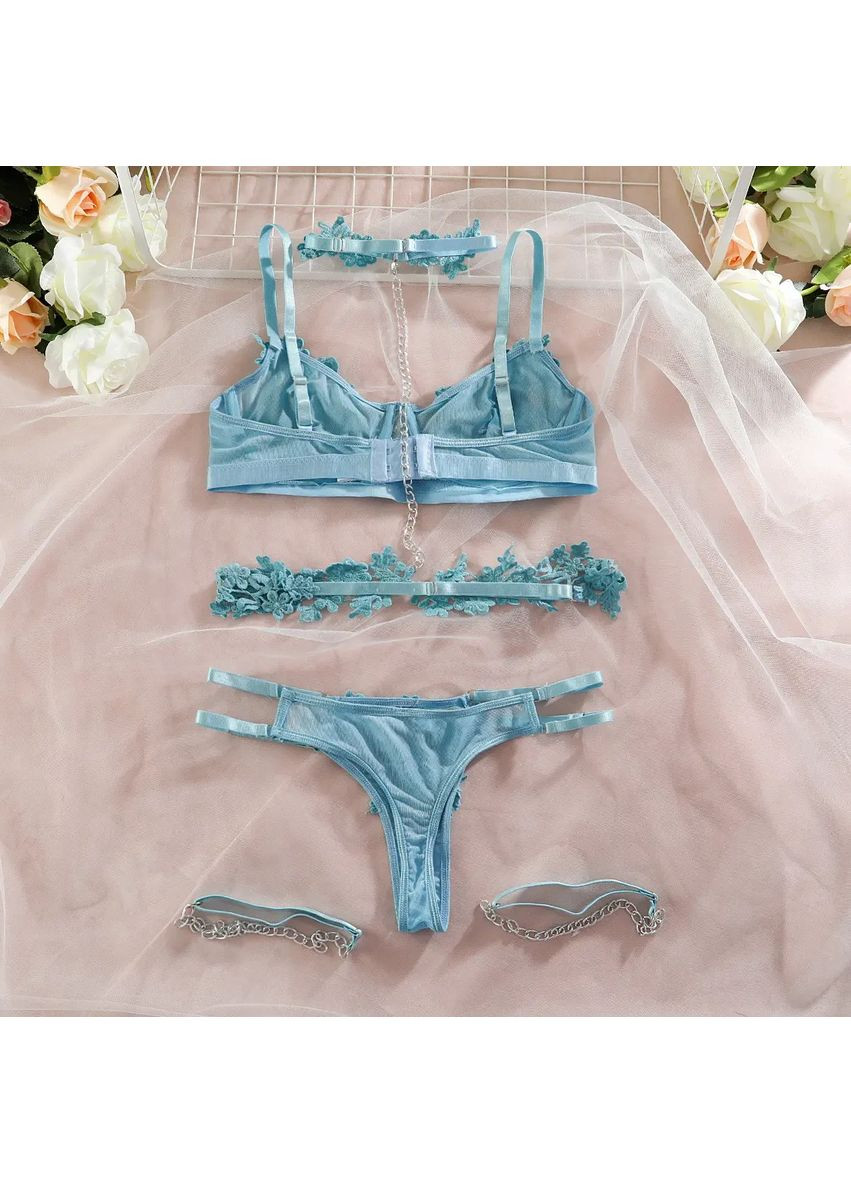 Блакитний демісезонний мереживний комплект із поясом. жіночий комплект спідньой білизни полупрозорий. якісна білизна жіноча China