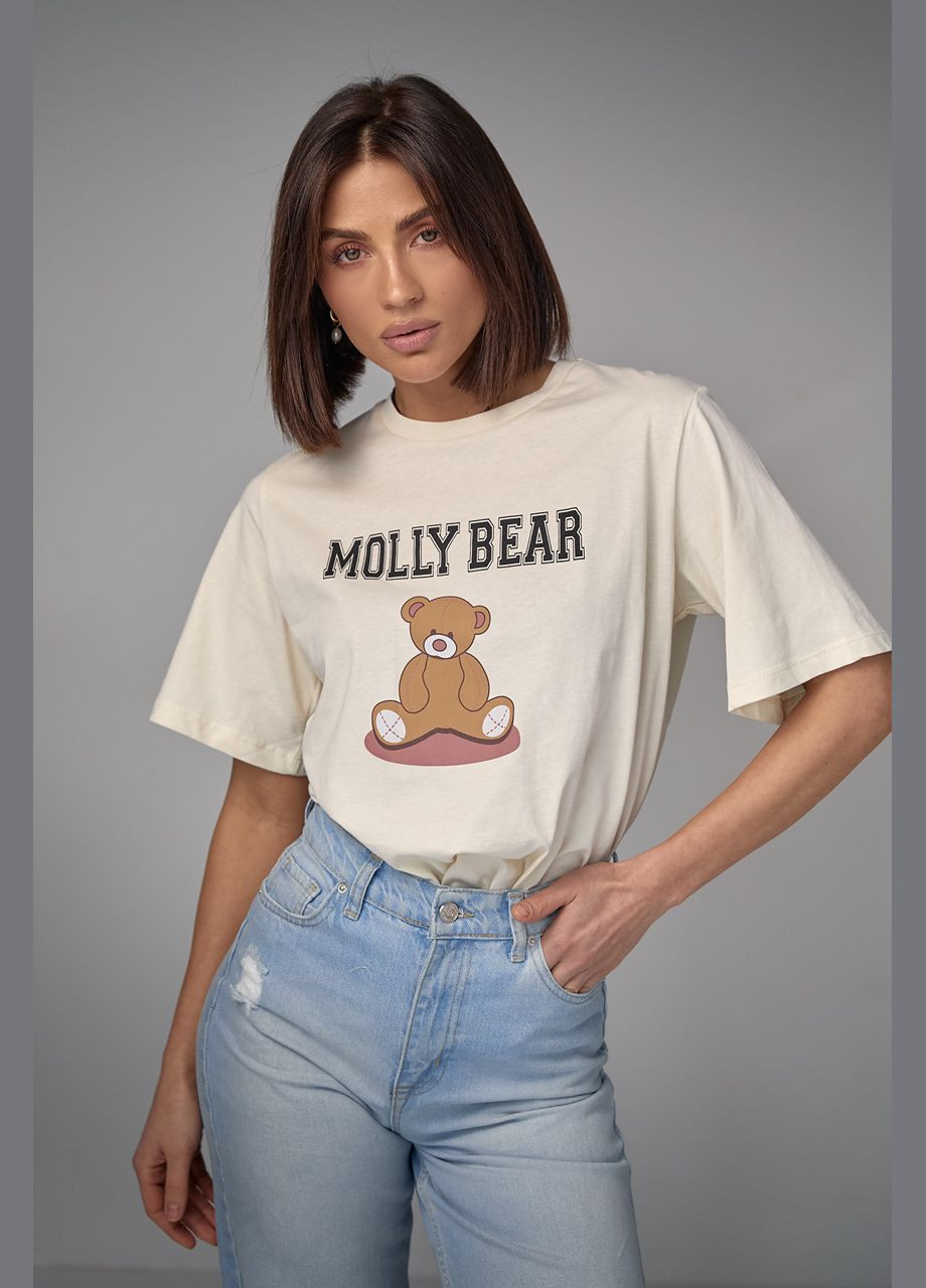Бежевая летняя хлопковая футболка с принтом медвежонка - бежевый Lurex