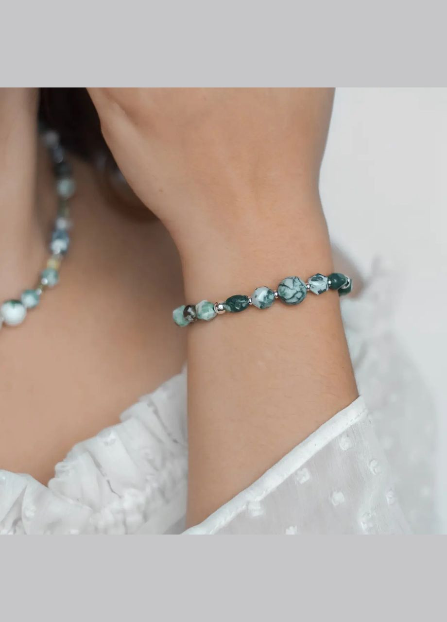 Комплект Чокер+Браслет натуральный Моховый Агат, Пренит, Опал дендрит фур-ра гип-ный сплав цвет серебро No Brand Чокер + браслет (316091292)