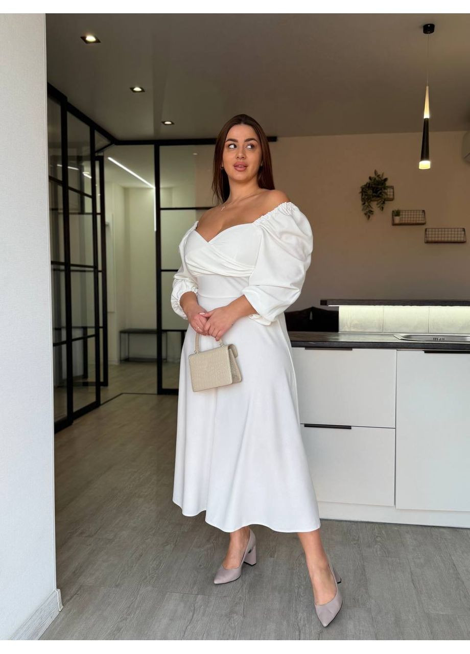 Білий святковий, коктейльна, вечірня сукня міді з романтичними рукавами-ліхтариками Vakko однотонна