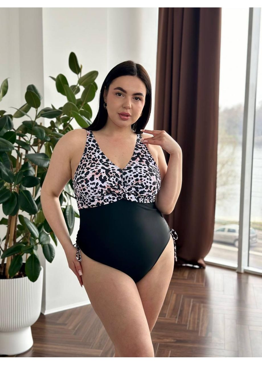 Черный летний женский купальник плюс сайз леопардовый верх низ / женский купальник больших размеров леопард пудровый черный No Brand