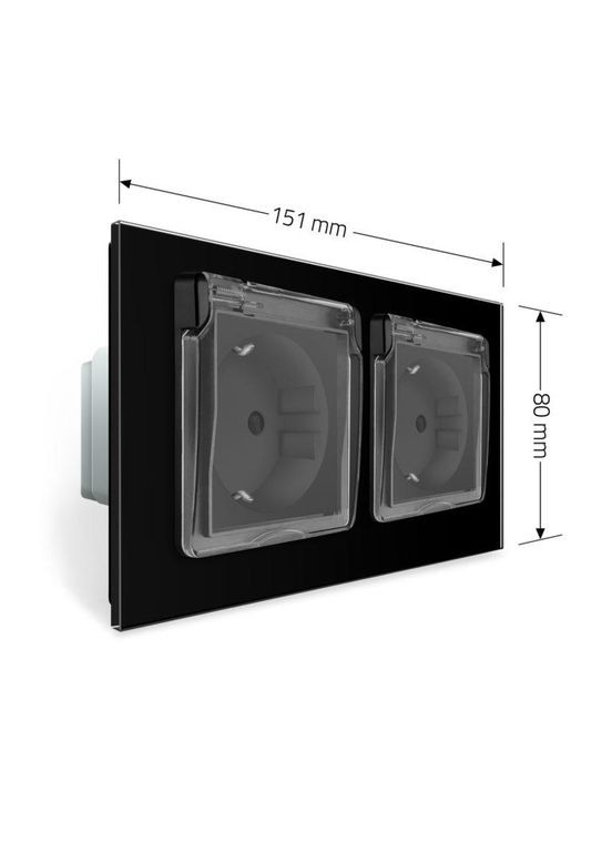Подвійна електрична розетка вологозахисна з кришкою IP44 з заземленням,, чорна, скляна рамка, шторки, 250В 16А Livolo (370970496)