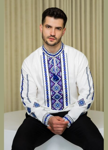Молочная мужская вышиванка руслан молочная с синим Galychanka (338538145)