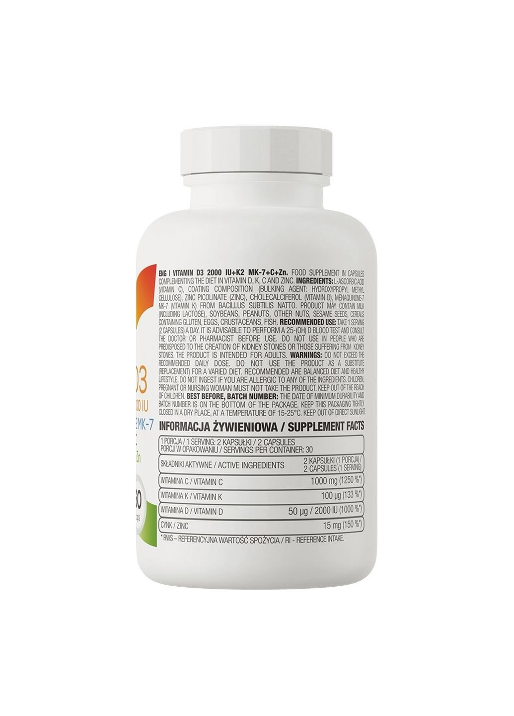Вітаміни та мінерали Vitamin D3 2000 IU + K2 MK-7 + C + Zinc, 60 капсул Ostrovit (293342497)