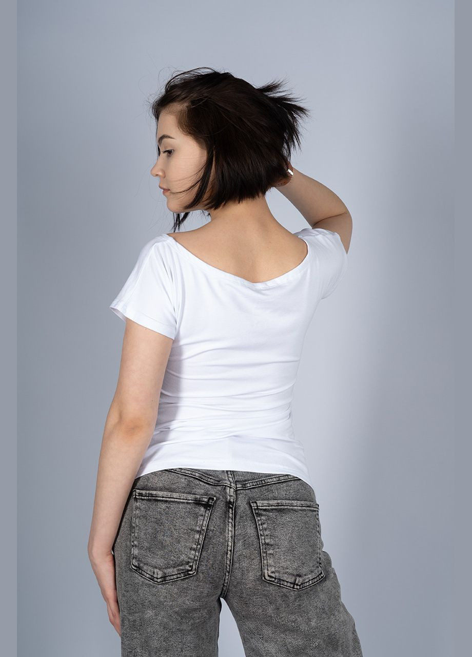 Белая стильная женская вышитая футболка в белом цвете с круглым вырезом "маки" Melanika приталенная хлопок (298056807)