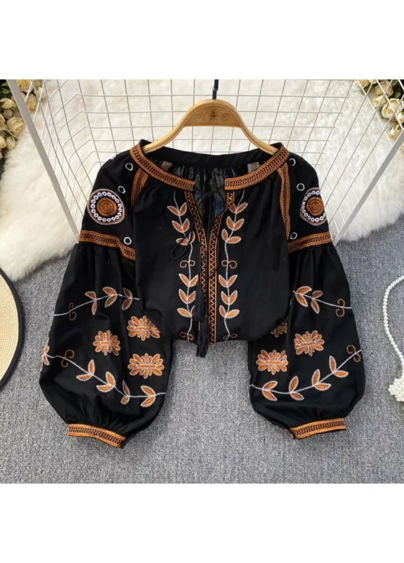 Чорна чорна вишиванка бавовна з коричневою вишивкою віра бавовна (364864399)