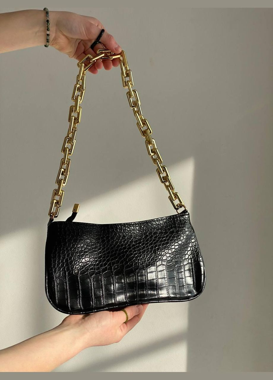 Жіноча сумка багет на товстій золотому ланцюжку рептилія чорна No Brand (296008160)