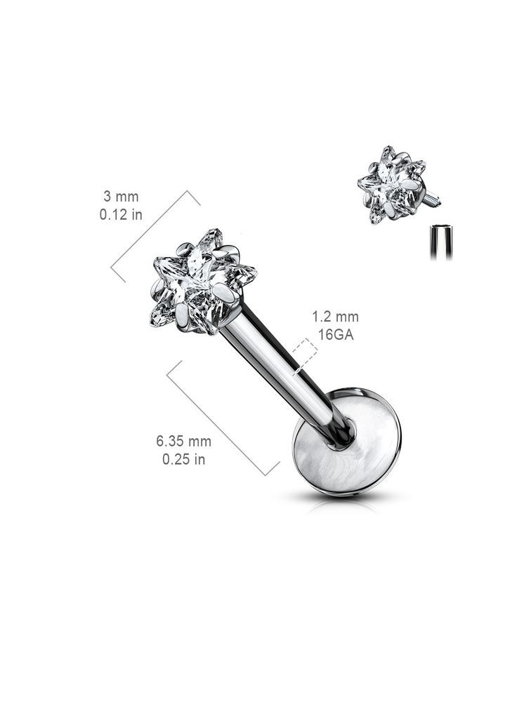 Серьга лабрет из титана для пирсинга губ, уши TIL052-16063-C с фианитом в форме звездочки (1,2мм 6мм) Spikes (333698557)