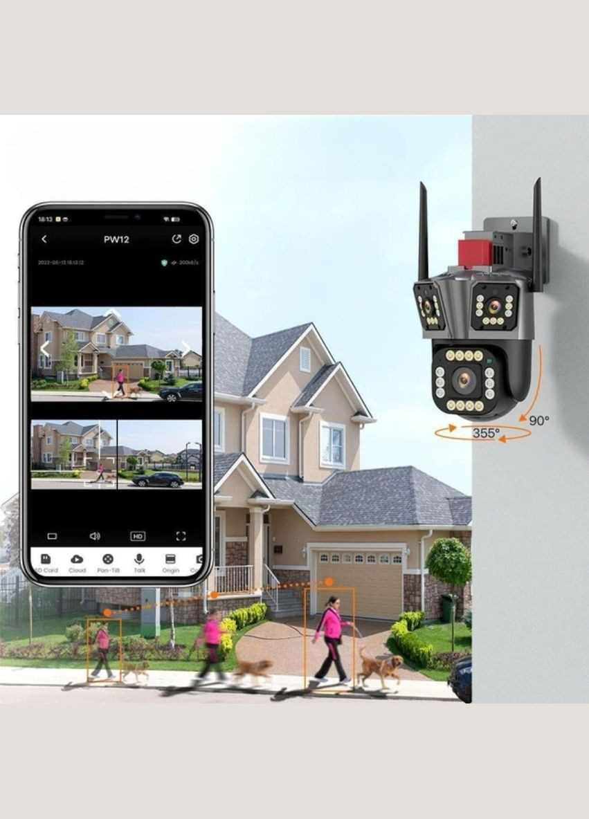 Уличная WiFi-камера видеонаблюдения 12Мп с тремя объективами, беспроводная IP-камера Черная HW-SM1-20S-Black No Brand (330758592)