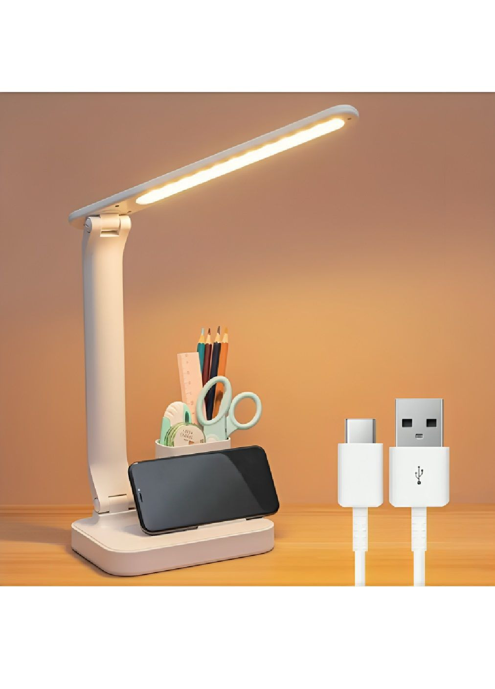 Настольная аккумуляторная LED-лампа с подставкой для гаджетов органайзером регулировкой высоты 44.5х16.7 см (481856-Prob) Белая Unbranded (367165056)
