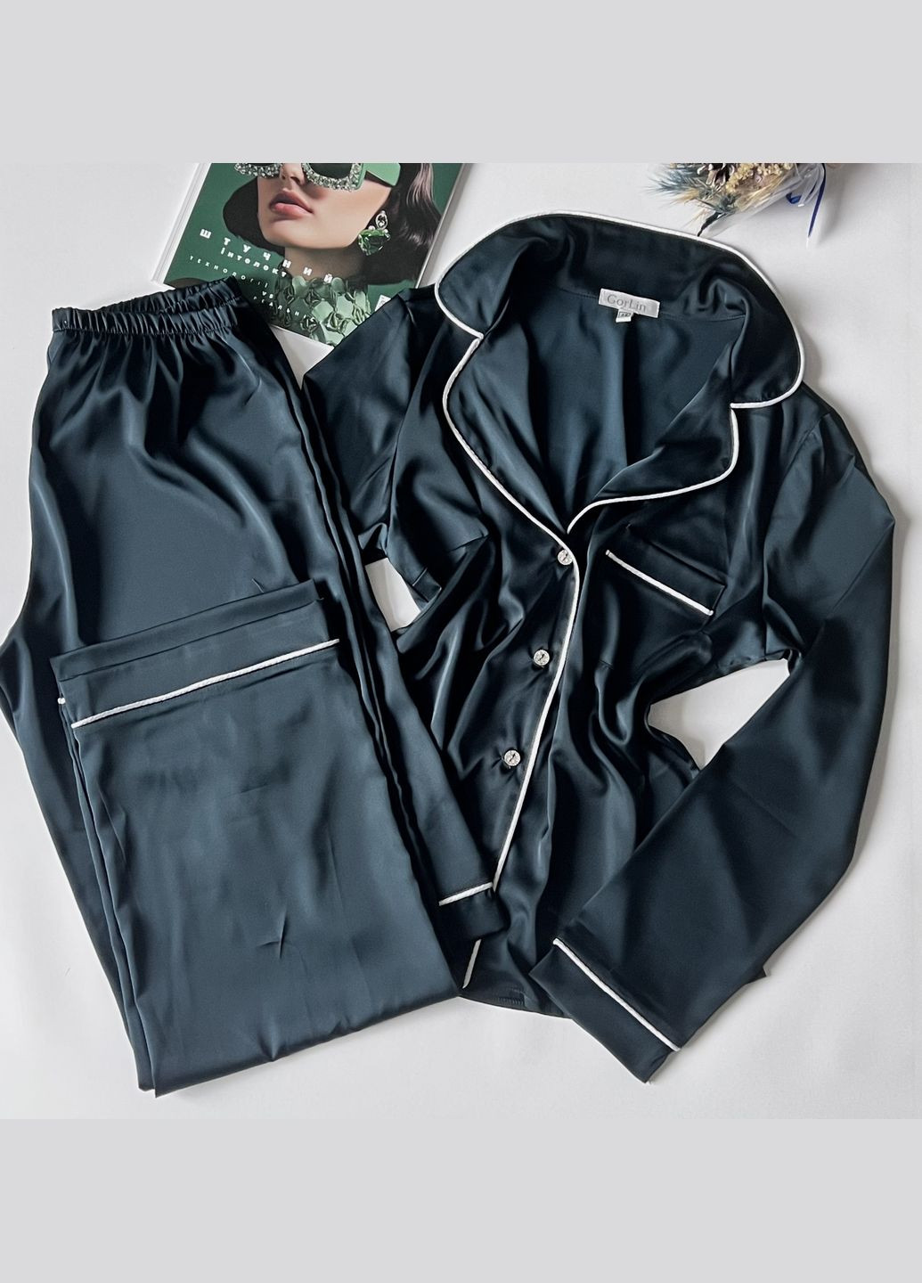 Черная всесезон женская пижама шелковая с кантом (рубашка + брюки) рубашка + брюки GorLin